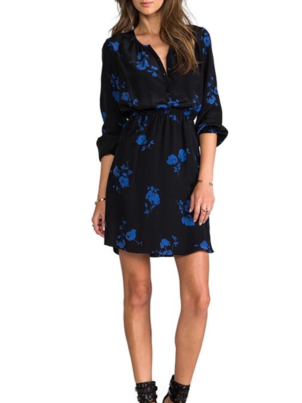 Shoshanna Womens Size 4 Black Blue Floral Long Sleeve Tie Waist Mini Dress